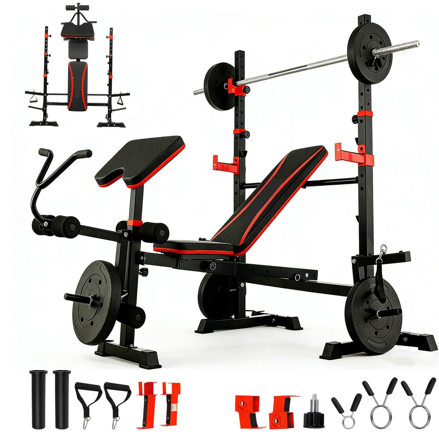 1500LBS 6 in 1 Weight Bench Set with Leg Extension/Curl and Preacher Curl, Bench Press Set and barbell Rack with Safety Bar Catches, Foldable Workout Benches for Home(US Stock)