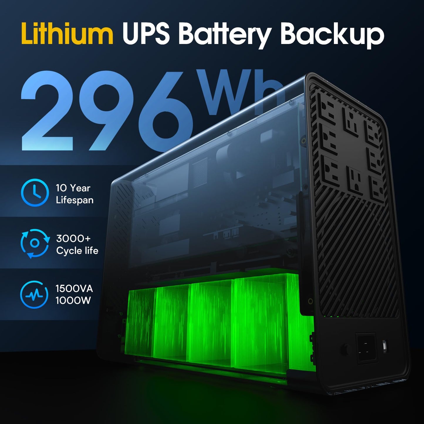 GOLDENMATE 1500VA/1000W Lithium UPS Battery Backup and Surge Protector, Backup Battery Power Supply with LiFePO4 Batteries(296Wh), AVR, Line Interactive Sinewave UPS System, 8 Outlets, LCD Display