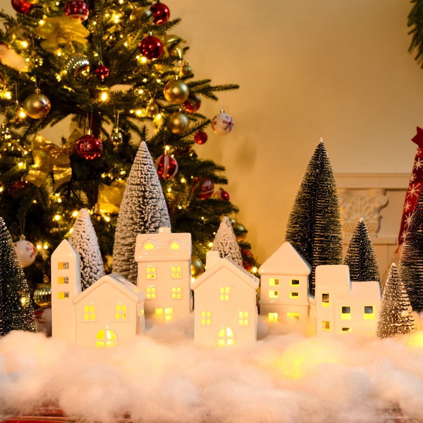 Regine Switzerland Ceramic Christmas Village Houses Set - 5 White Houses, 9 Trees & Fake Snow for Festive Home Decor