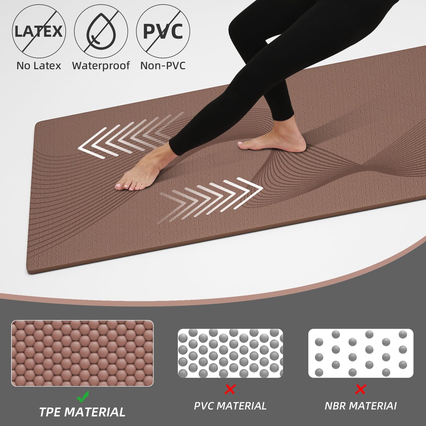 ILILI Yoga Mat, 72x25×0.3 Inch, TPE Exercise Mat, Odorless & Tear-Resistant, with Strap, Ideal for Yoga, Pilates, Home Workouts, Stretching & All Fitness Routines (brown)