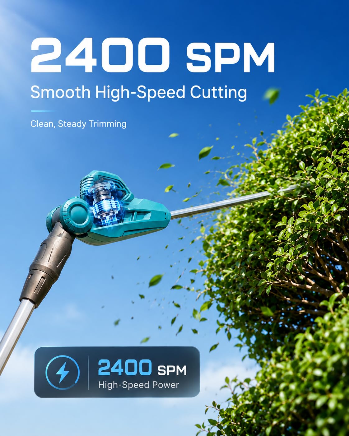 SEESII 20V Pole Hedge Trimmer Cordless, Electric Hedge Trimmer with Extension Pole, 8.5 FT Telescopic Pole with Shoulder Strap, 2 Packs 4.0Ah Batteries & Charger, Long Reach Bush Shrub Trimmer
