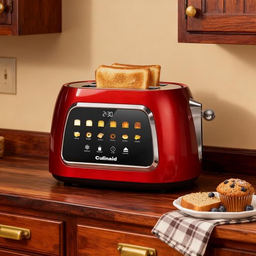 Culinaid Toaster 2 Slice Smart Touch Screen, Retro 1.5'' Extra Wide Slot Stainless Steel Digital Bread Toaster with Memory Function, Bagel, Defrost, 6 Browning Levels and Removable Crumb Tray, Red