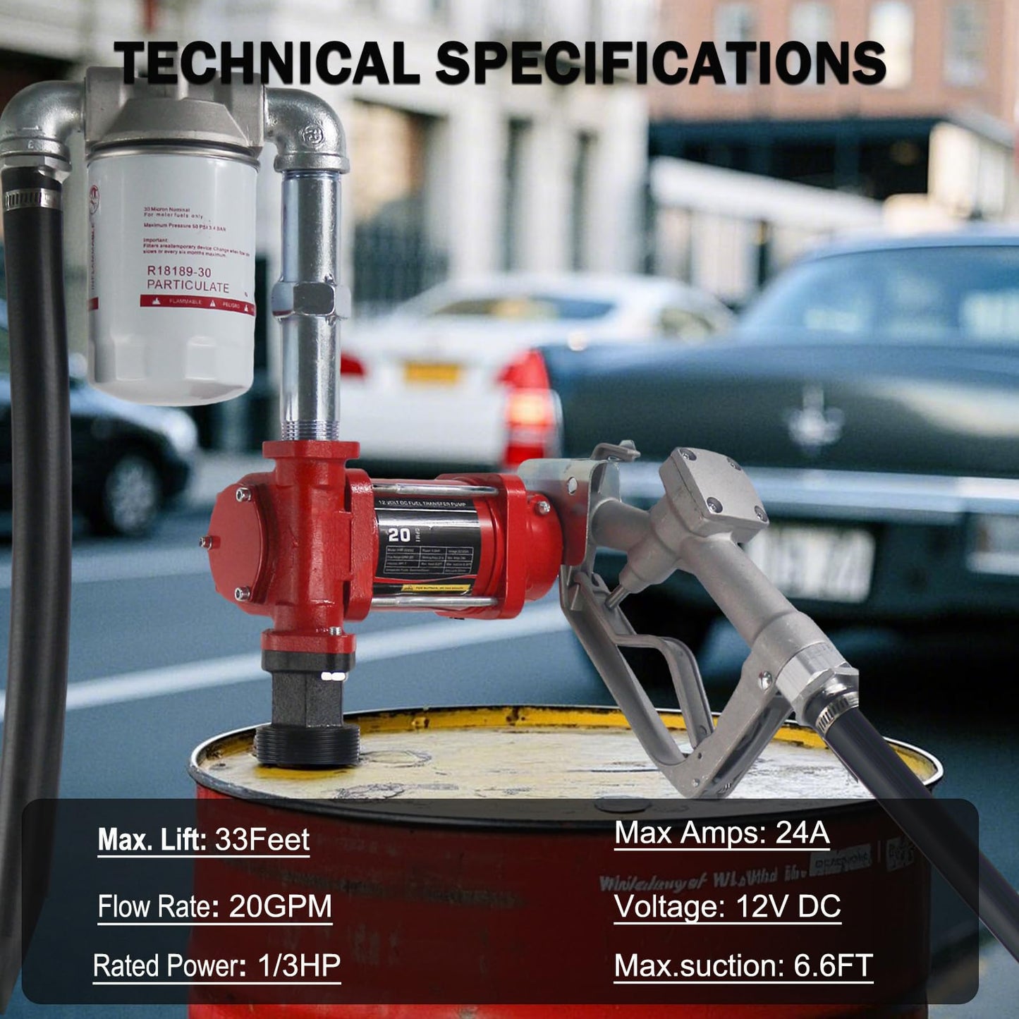 12V DC 20GPM Fuel Transfer Pump with Manual Nozzle & Hose Kit for Gasoline Diesel with Particulate Filter Red