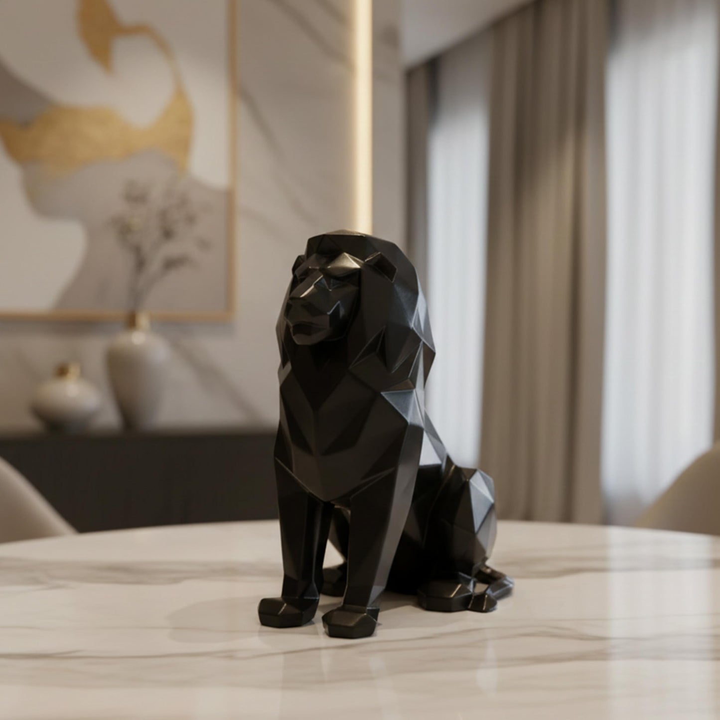 Artarium Geometric Black Lion Statue 7.6 Inch, Modern Resin Lion Figurine for Home Decor, Office Desk, Bookshelf & Coffee Table, Abstract Wildlife Sculpture, Contemporary Interior Decoration Gift