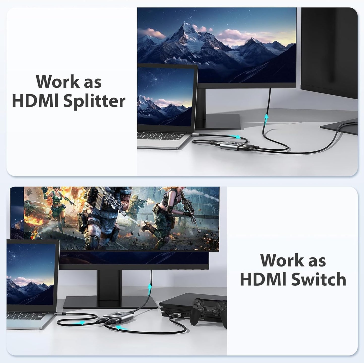 SCSXGO 4k@60hz 2 1 PS5/4/3 HDMI Switch Splitter, Aluminum Bidirectional HDMI Switcher in Out, Manual HDMI Hub Supports