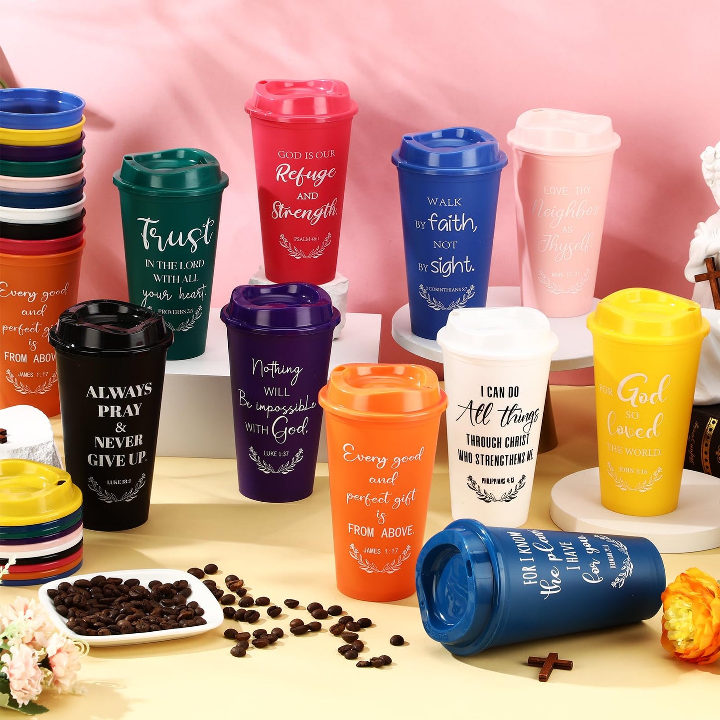 Skylety 20 Pack Christian Gifts for Men Women 16oz Reusable Bible Verse Tumbler Bulk Plastic Coffee Cup with Lid Inspirational Religious Church Gift for Mother Father Birthday (Multicolor)