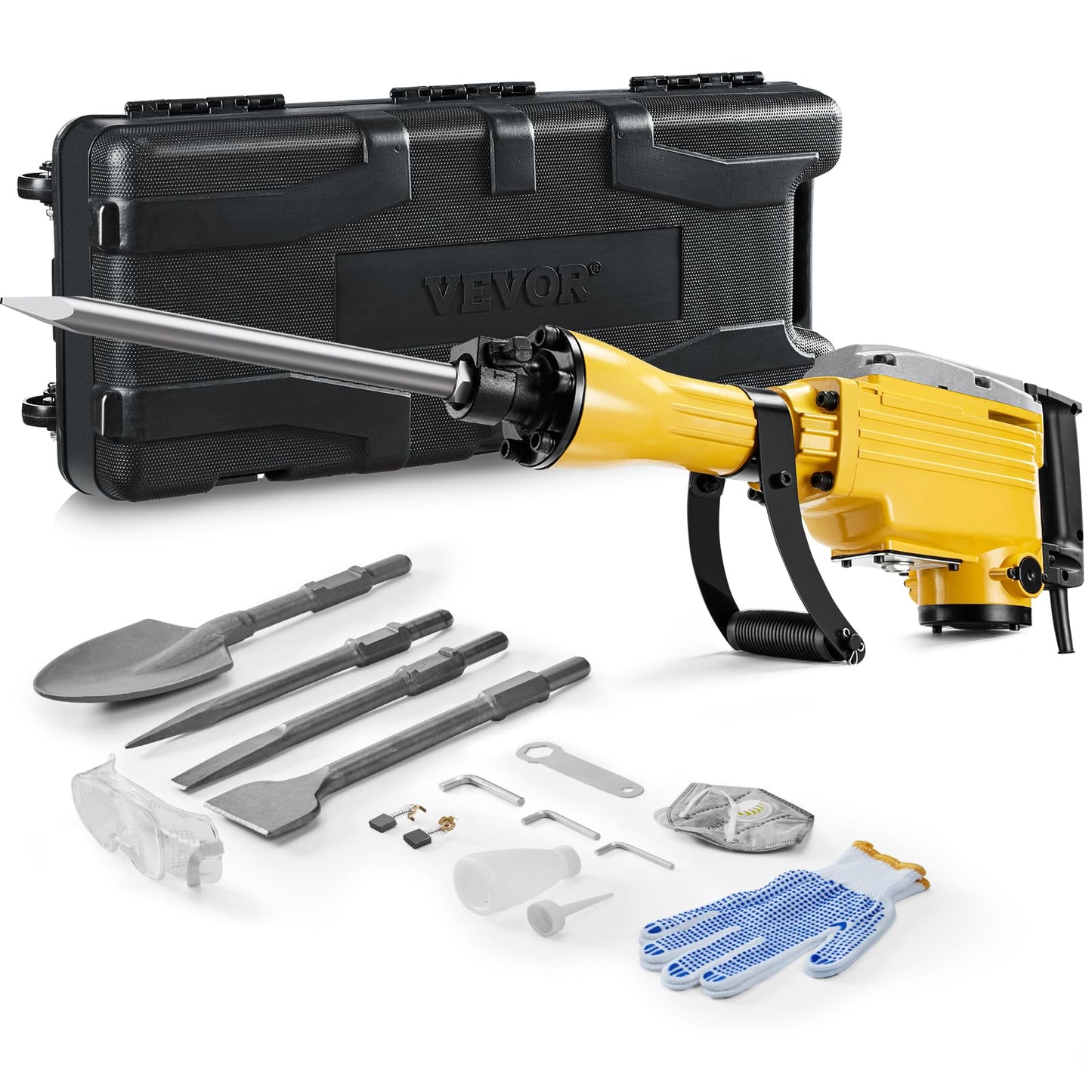 VEVOR Demolition Jack Hammer, 2200W 1350 BPM Jack Hammer Concrete Breaker, Heavy Duty Electric Jack Hammer 4pcs Chisels Bit with Gloves, 360° Swiveling Front Handle for Trenching and Breaking Holes