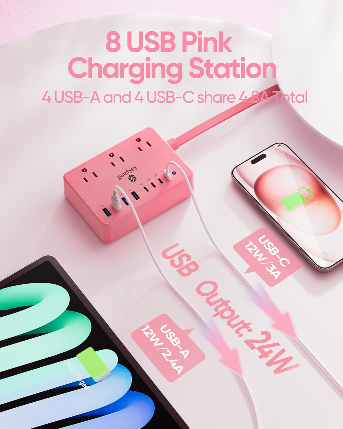 kakyanill 6 8 Ports(4 2000J 5ft Pink Power Strip, AC Outlets USB USB C) with Surge Protector, Flat Plug Pink Extension