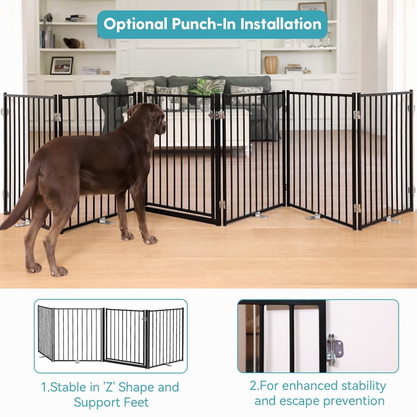 No Pawblems Free Standing Dog Gate with Door, 30'' Tall Foldable Dog Fence for Indoor & Outdoor, Up to 156 Inch Extra Wide Pet Gate for Yard, Deck, Doorways, Stairs, Hallways (Black, 6 Panels)