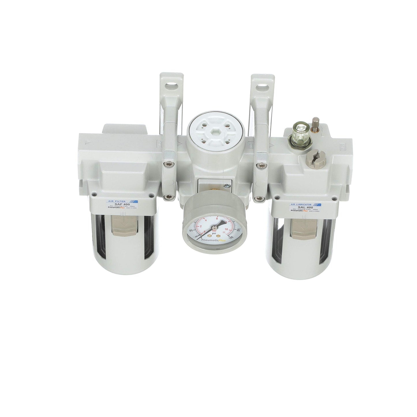 PneumaticPlus SAU400-N04G Compressed Air Filter Regulator Lubricator Combo 1/2" NPT - Poly Bowl, Manual Drain, Bracket, Gauge