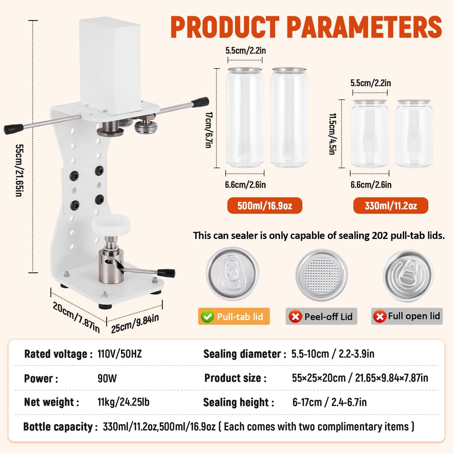 Electric Soda Can Sealer, Manual Press Cap Seamer 2.4-6.7'' Height Adjustable for Plastic/Aluminum/Tin Cans, 2.2-3.9'' Dia Can Sealing Machine for Home Brewing, Milk Tea, Juice Beverage Packaging