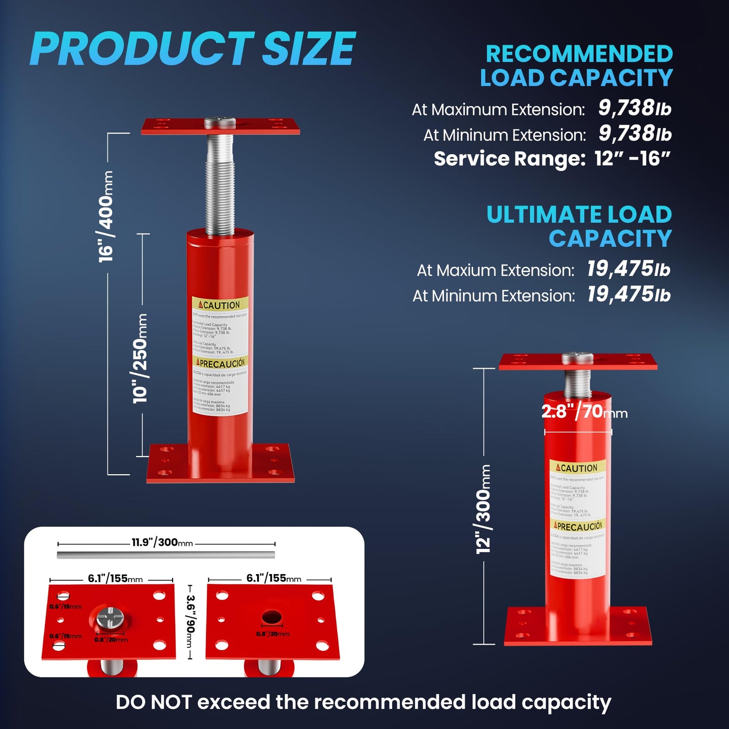 Youyikoo 2 Pack Basement Floor Jack, Heavy Duty Adjustable Jack Post Basement Floor House Screw Jacks for Porch Roof Deck Staircase, 12"-16" Height Range 19475 lbs Max Load Capacity Red (2 PCS)