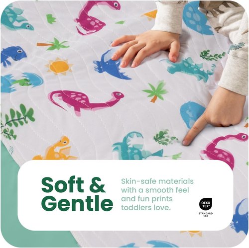 IMPROVIA® Pee Pads for Kids - Bed wetting Pads for Kids Potty Training Bed mats for Toddlers Waterproof Reuseable Washable Absorbent, Non Slip - Dino Design - Twin Size 34”x36