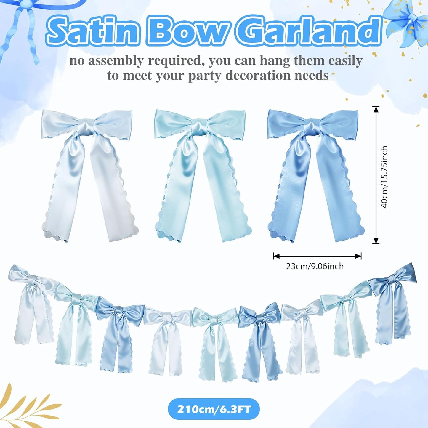 VitalCozy Blue Bow Garland - Pre-Strung Satin Ribbon Decor for Bridal Showers & Birthday Parties