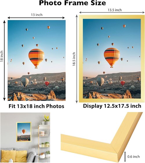 JCJMY 13x18 Gold Picture Frame - Versatile Horizontal & Vertical Wall Hanging for Photos & Posters