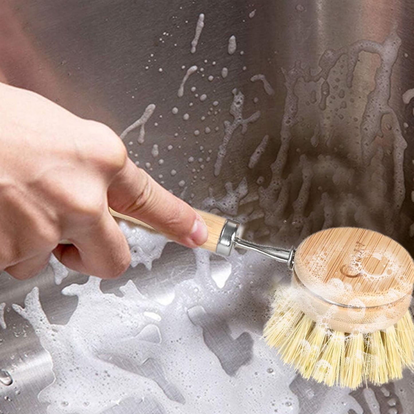 Bamboo Dish Brush with Handle - Soft Bristle, Non Toxic Vegetable Brush Scrubber for Food Compostable & Sustainable Kitchen Scrub Brush for Dishes, Pots and Pans