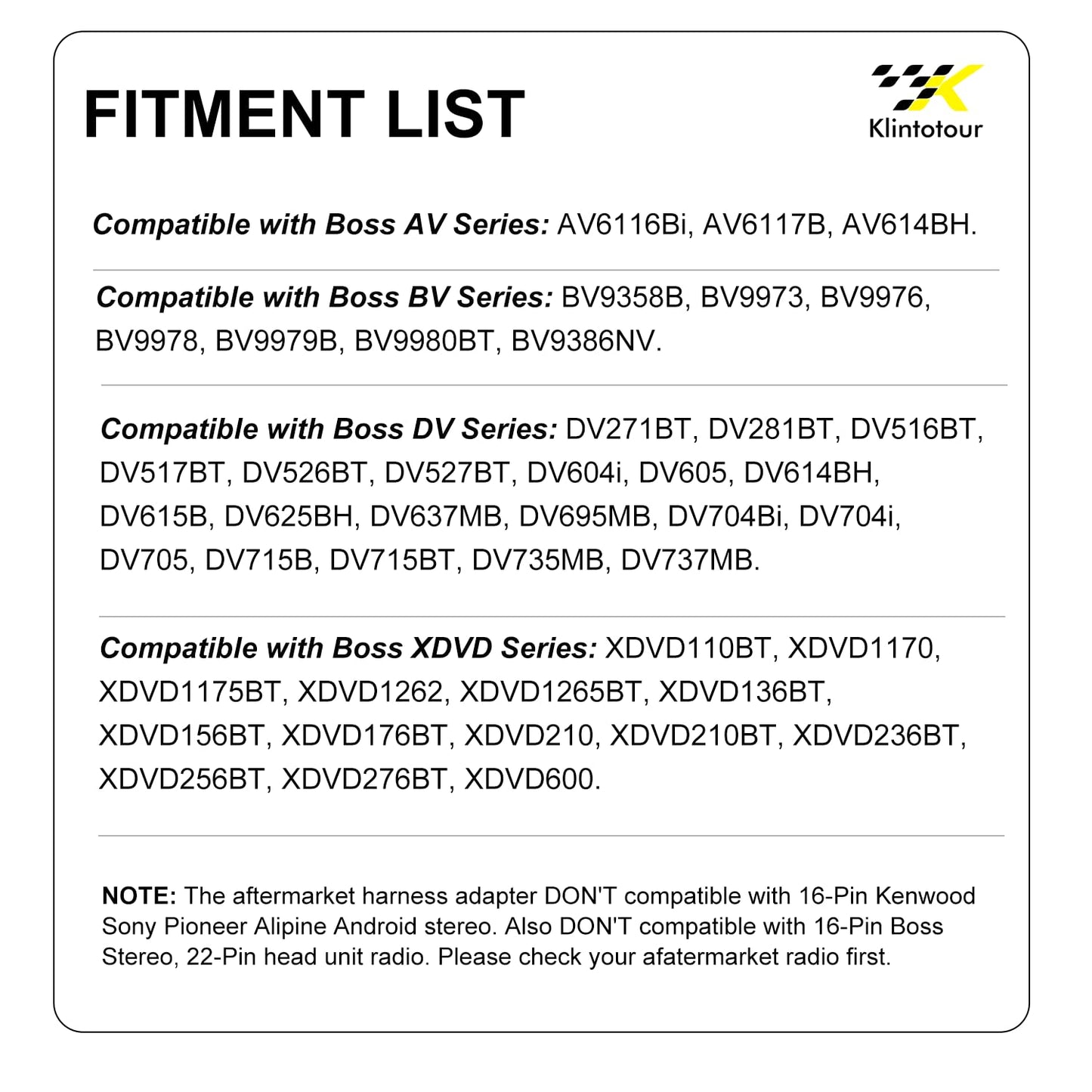 20-Pin AV6116Bi AV6117B BV9358B BV9386NV BV9973 BV9976 BV9978 Radio Wiring Harness Connector Compatible with Boss