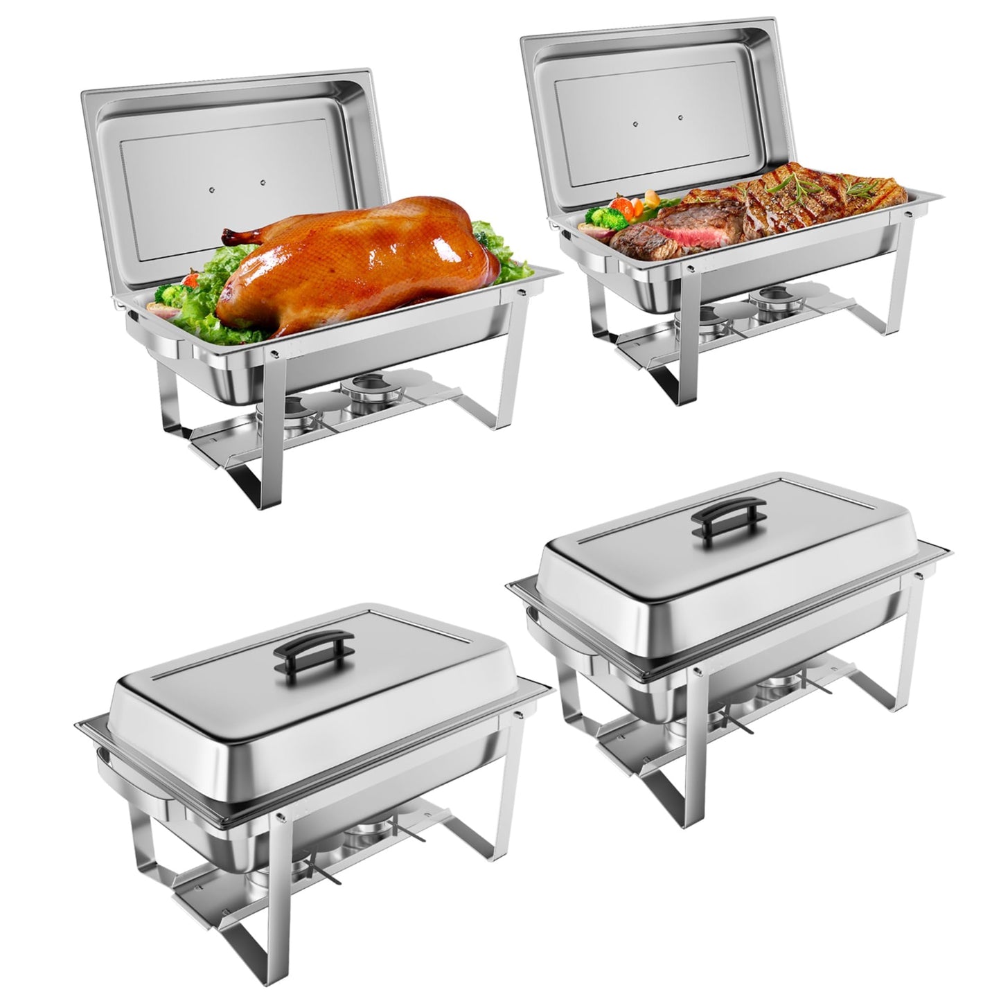 IDEALHOUSE 4-Pack Buffet Chafer Set, Thickened Stainless Steel Food Warmer, 8QT Rectangle Chafing Dishes with Lids & Foldable Frame for Catering & Large Events