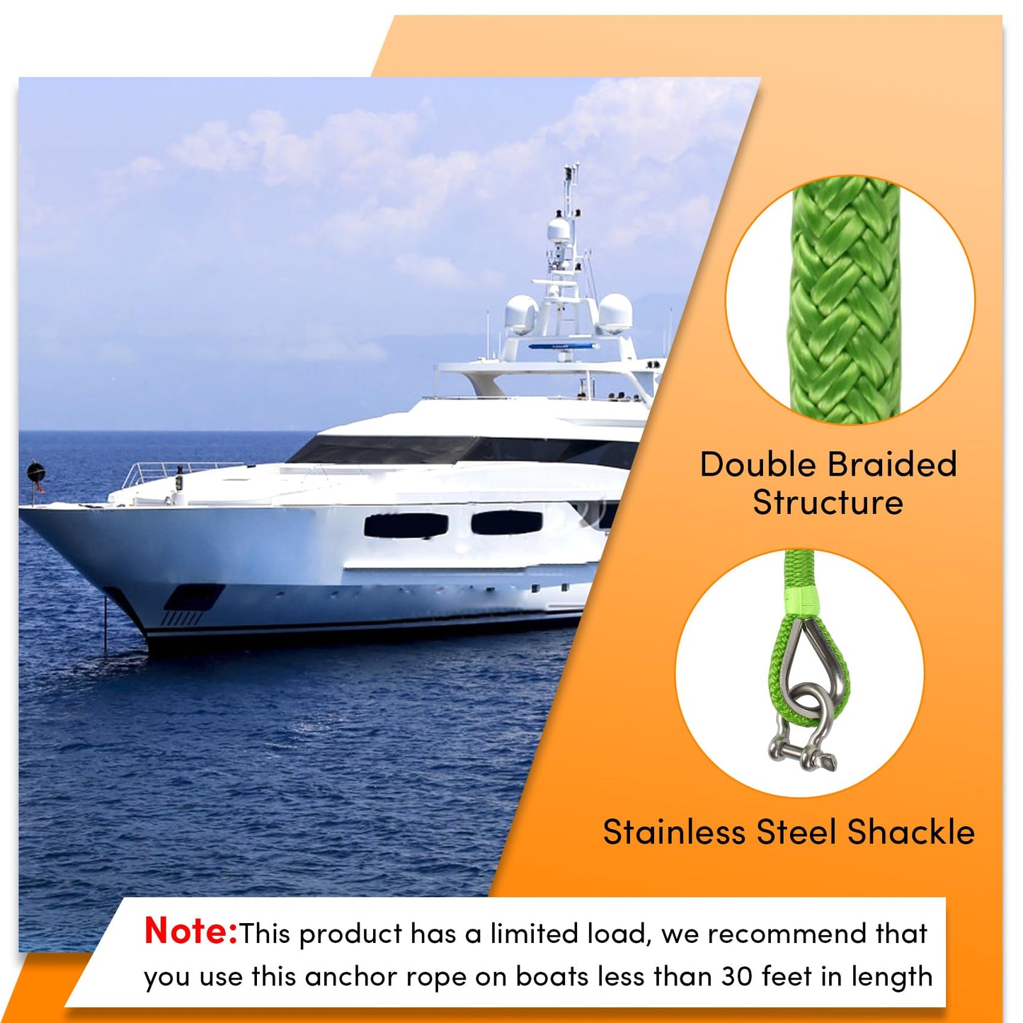 Anchor Rope 100 ft X 1/2 inch, Double Braided Anchor Line, Boat Rope with Stainless Steel Thimble and Shackle for Boating, Anchoring, Mooring, Pulling (Green)
