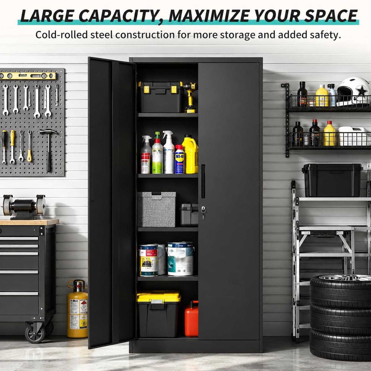 SAWJEC Metal Garage Storage Cabinet with Lock, 71" Tall Heavy Duty Cabinet for Garage Workshop Home Office, Steel Locking Storage with 4 Adjustable Shelves, Black, 15.7" D x 31.5" W x 70.9" H