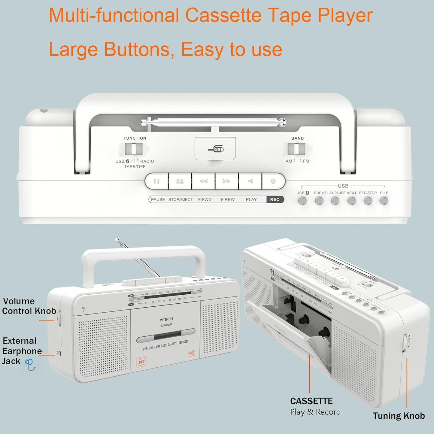 WISCENT Cassette Cassettes/USB Mic,Cassette MP3 Player Boombox, Portable AM/FM Radio Stereo with Bluetooth, USB, Dual
