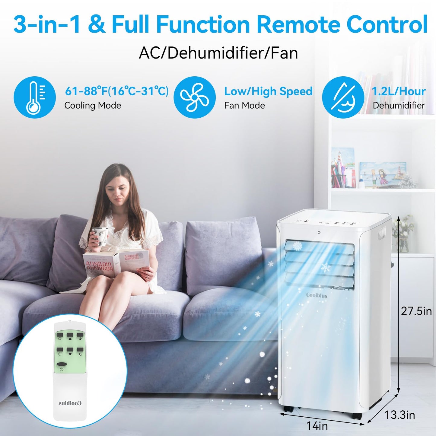 Coolblus portable air conditioner,12000 BTU portable ac unit up to 550 Sq,3 IN 1 with Remote Control,White (Renewed)