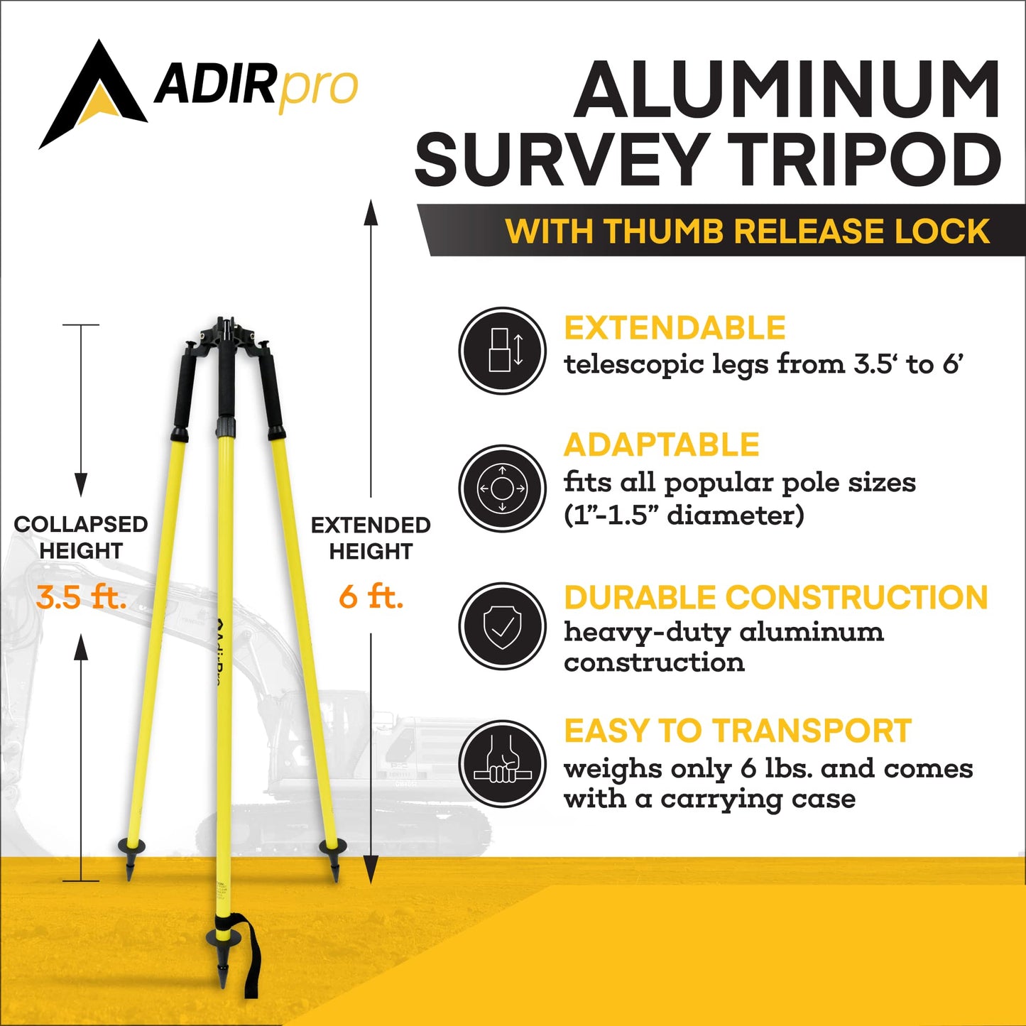AdirPro Prism Pole Tripod – Aluminum Range Pole Tripod – Use for Survey Pole, Rover Rod, GPS Pole, Leveling Staff – GNSS RTK Rod Stand - Survey Equipment for Total Station Surveying (Yellow)