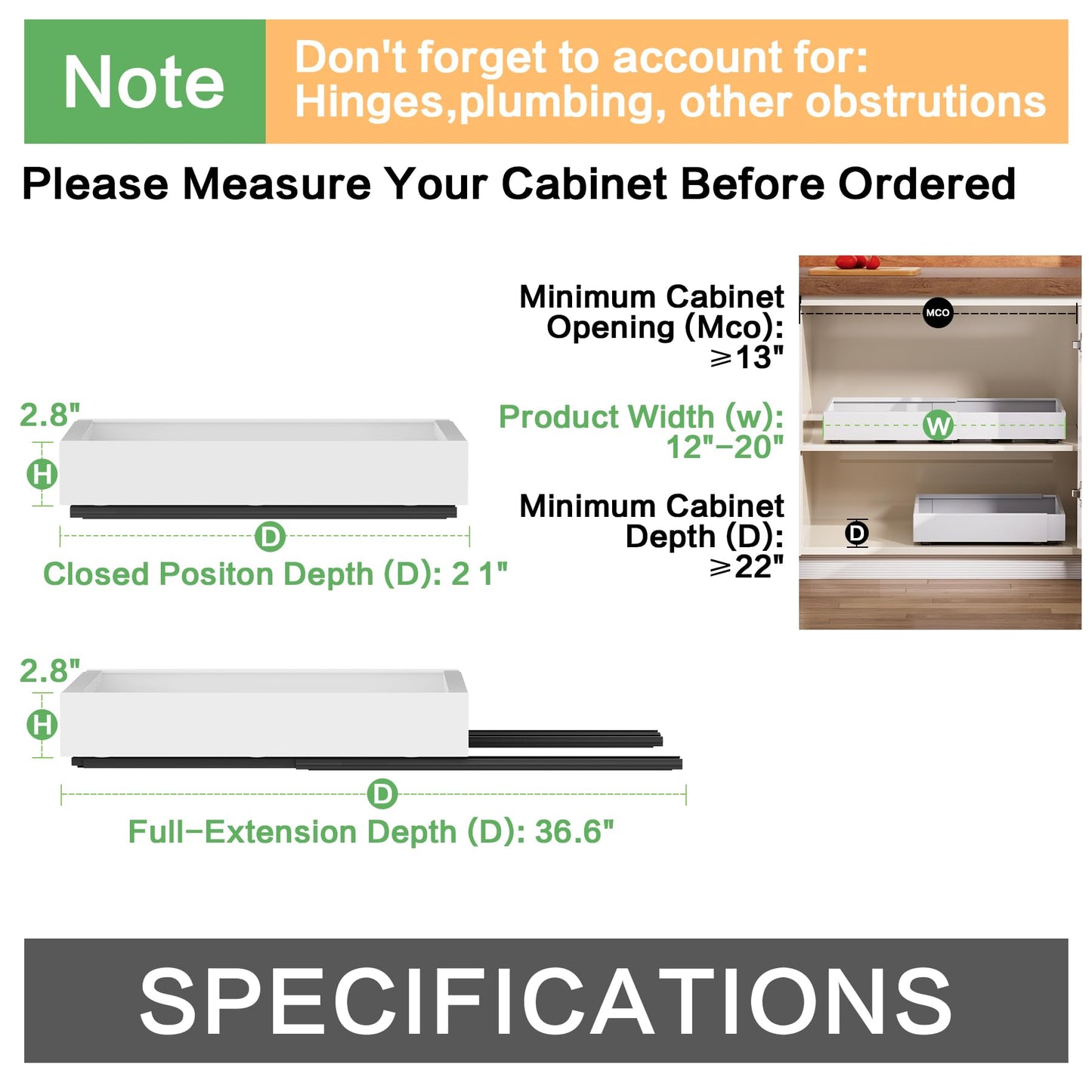 QUYUWU 4 Pack Pull out Cabinet Organizer,Extendable (12"-20") Heavy-Duty Pull-Out Drawers (white, 21" Dx12-20 W)