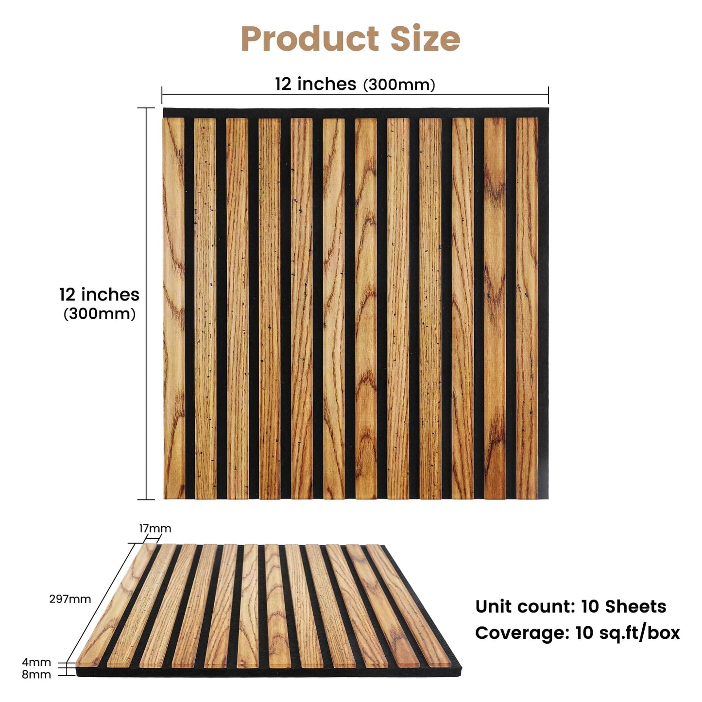 Adedeo Wall Panels 10 Pack 12 x 12 in Glass Strip Acoustic Panels for Wall and Ceiling - 3D Fluted Sound Absorbing Panel with Glass Finish - Dark Teak
