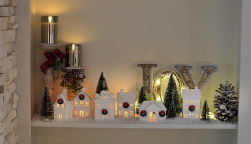Mark Feldstein & Associates Holiday Wreath Village - 18 Piece LED Christmas Figurines Set in White Porcelain