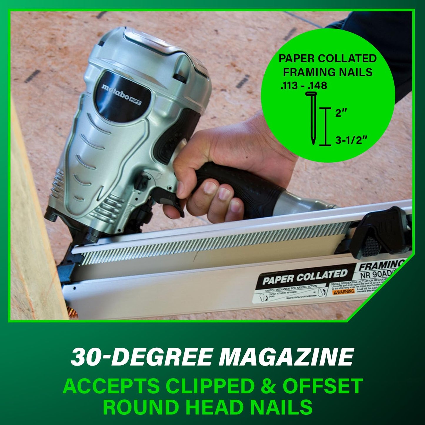 Metabo HPT Framing Nailer, Pro-Preferred Framing Tool for Flooring, Truss Build-Up, Roof Decking, and Housing Construction, Quick Switch Nailing, 3-1/2" 30° Paper Collated Nails, NR90ADS1