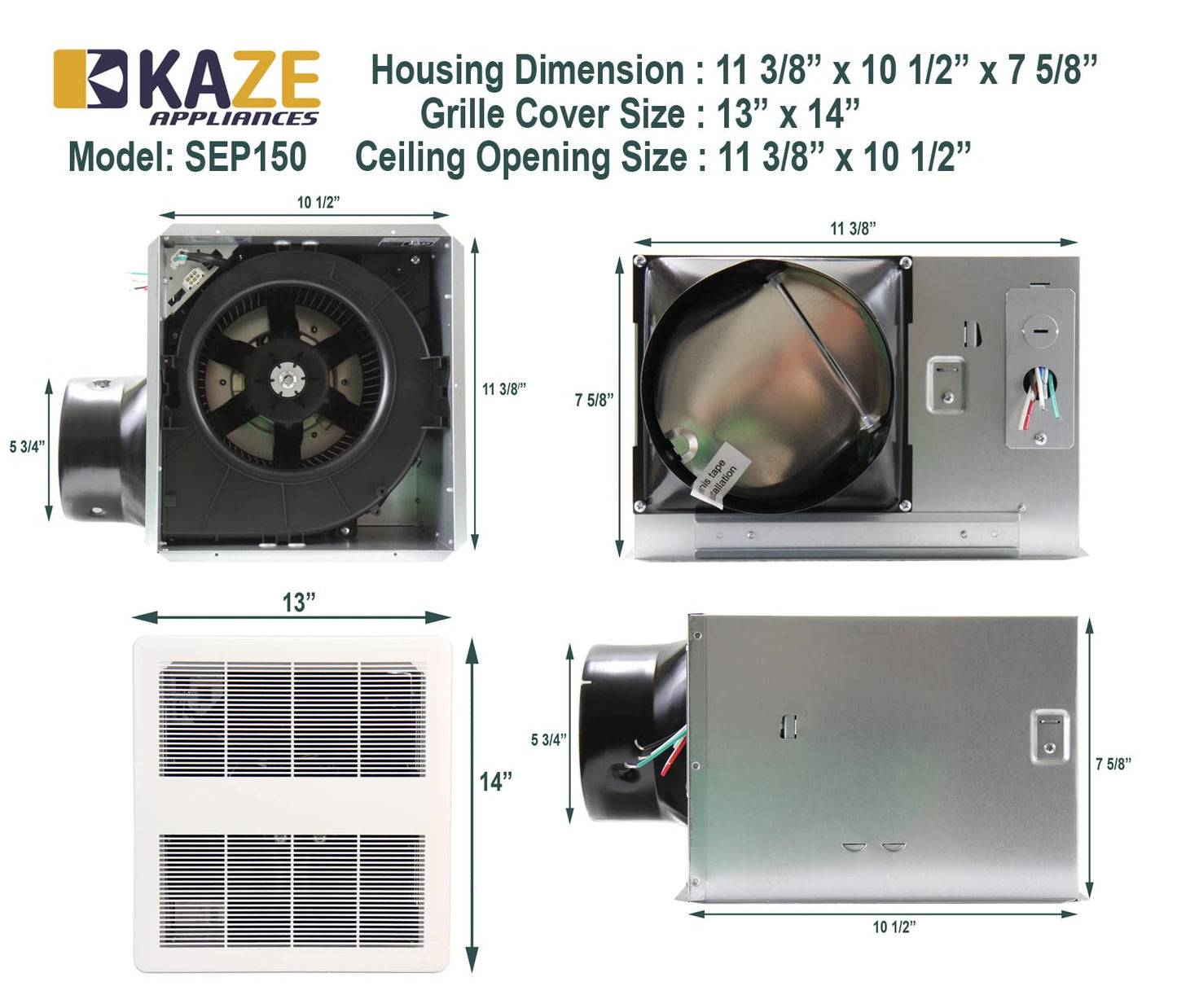 KAZE APPLIANCE SEP150 | 150 CFM | 0.5 Sone Ultra Quiet | Energy Star Certified | Energy-Saving Bathroom Exhaust Ventilation Fan