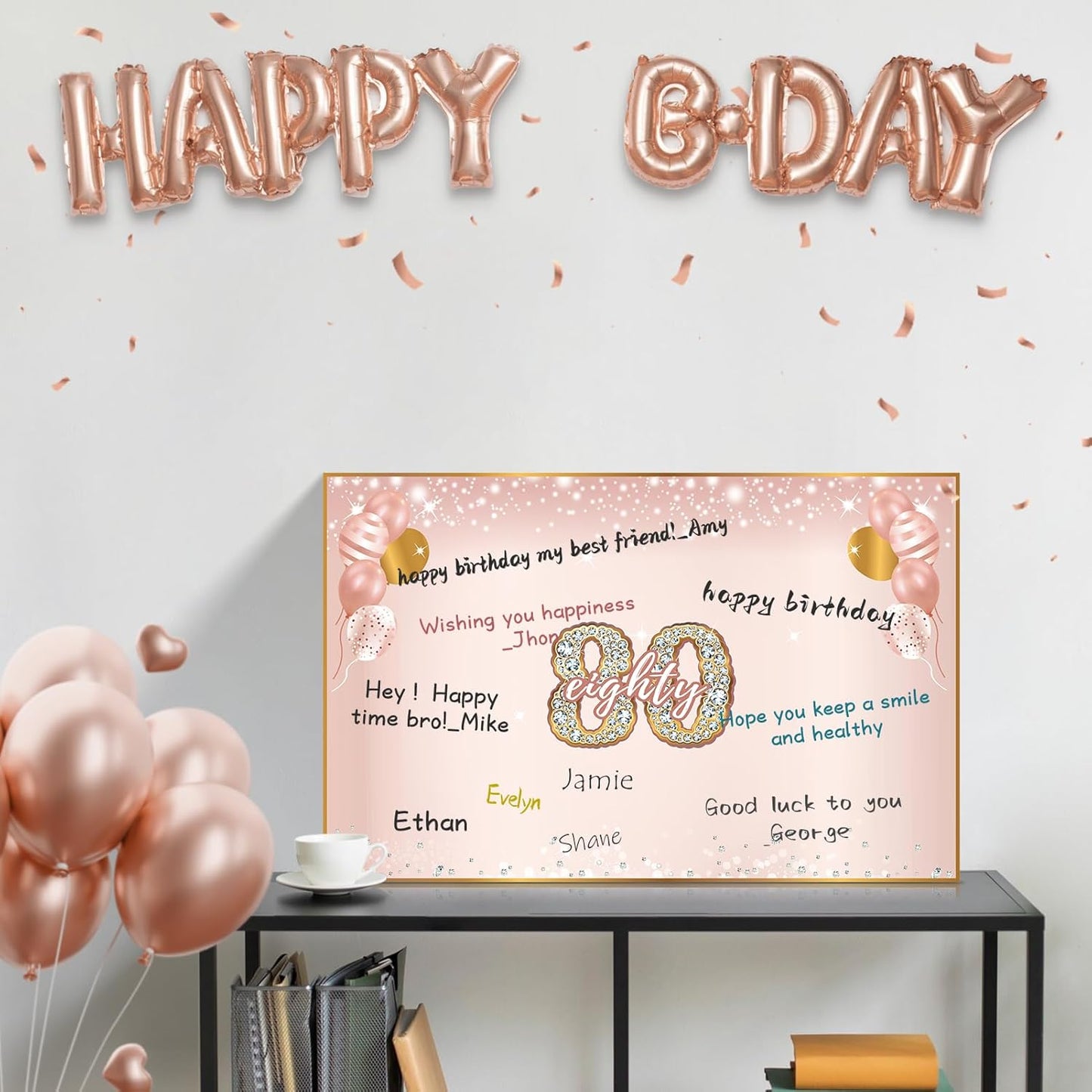 Turypaty 80th Birthday Card - Large Pink Rose Gold Design with Envelope | Giant Guest Signature Book Gift