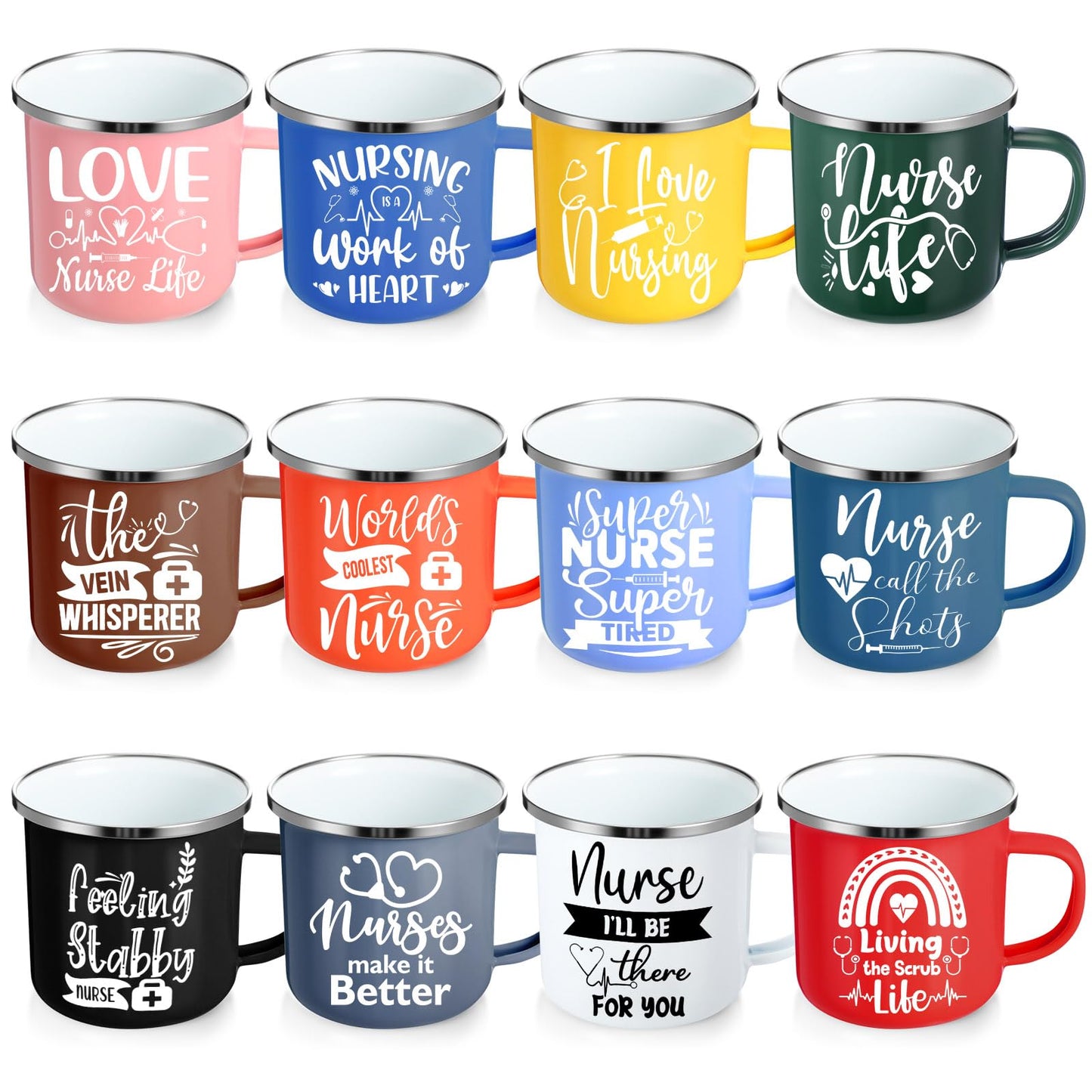 Sieral 12 Pcs Nurse Week Gifts 12 oz Nurses Mug Bulk 2026 Coffee Enamel Cups Set with Handles Motivational Tumbler for Women Doctor Student Graduation School Thank You Presents(Novel)