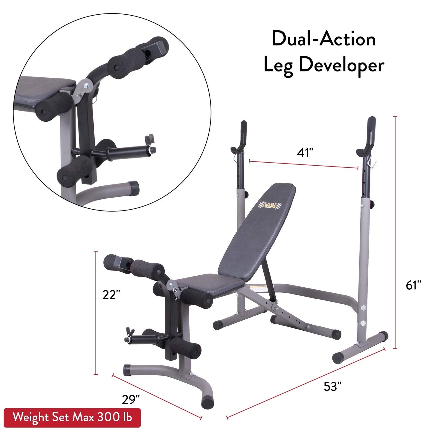 Body Champ Weight Bench with Leg Extension Attachment, 2-Piece Combo Adjustable Bench Press, Workout Bench and Squat Rack BCB3780, Gray/Silver