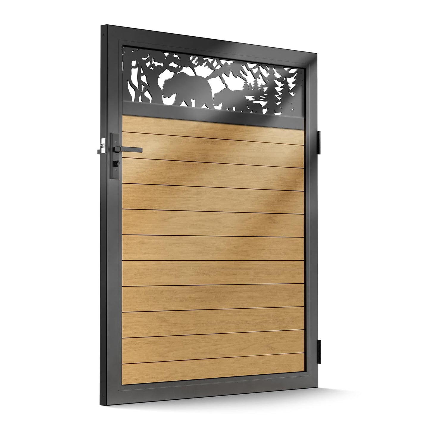 Brukid 4x5 FT Aluminum Fence Gate Kit Wood Grain Aluminum Gate with Decorative Cutout, Lock & Hinges, Left/Right Opening, Weather Resistant for Yard Garden Patio