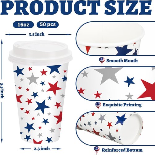 FYSUIMU 50-Pack Patriotic Disposable Coffee Cups - 16oz Red & Blue Star Design for 4th of July Celebrations