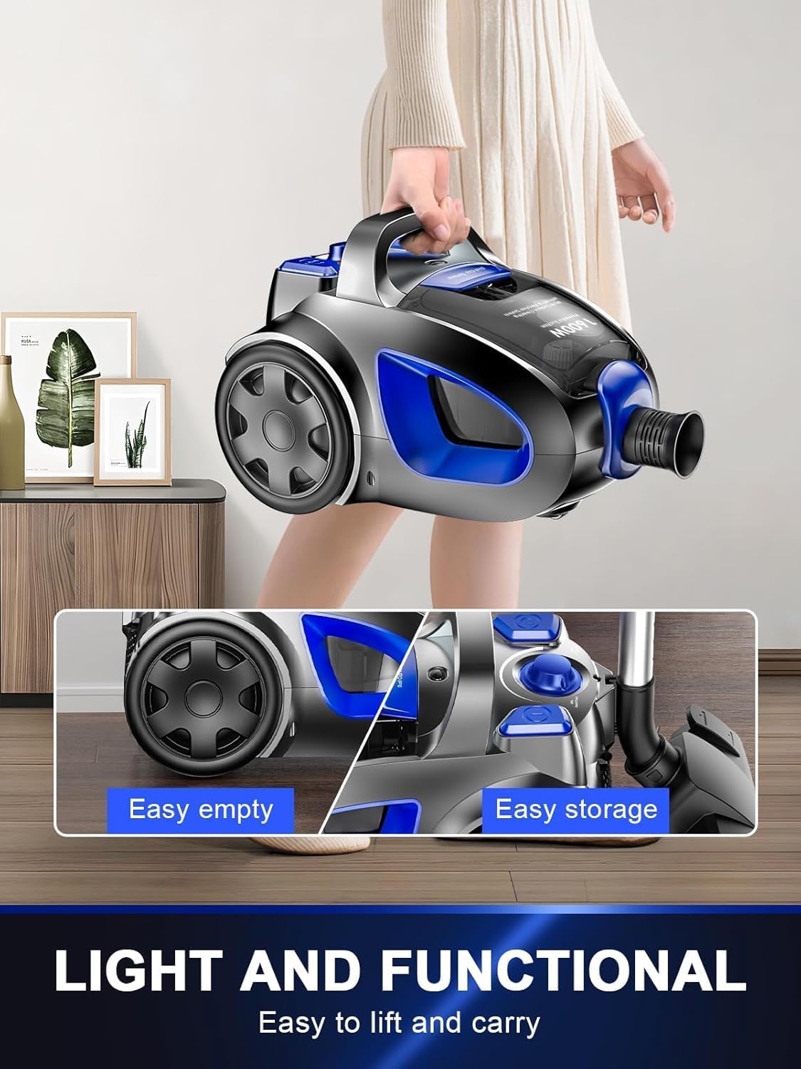 Skiennix Canister Vacuum Cleaner - 40Kpa 1600W Cyclone Power, Lightweight & Bagless | 3.7QT Dust Cup, Blue