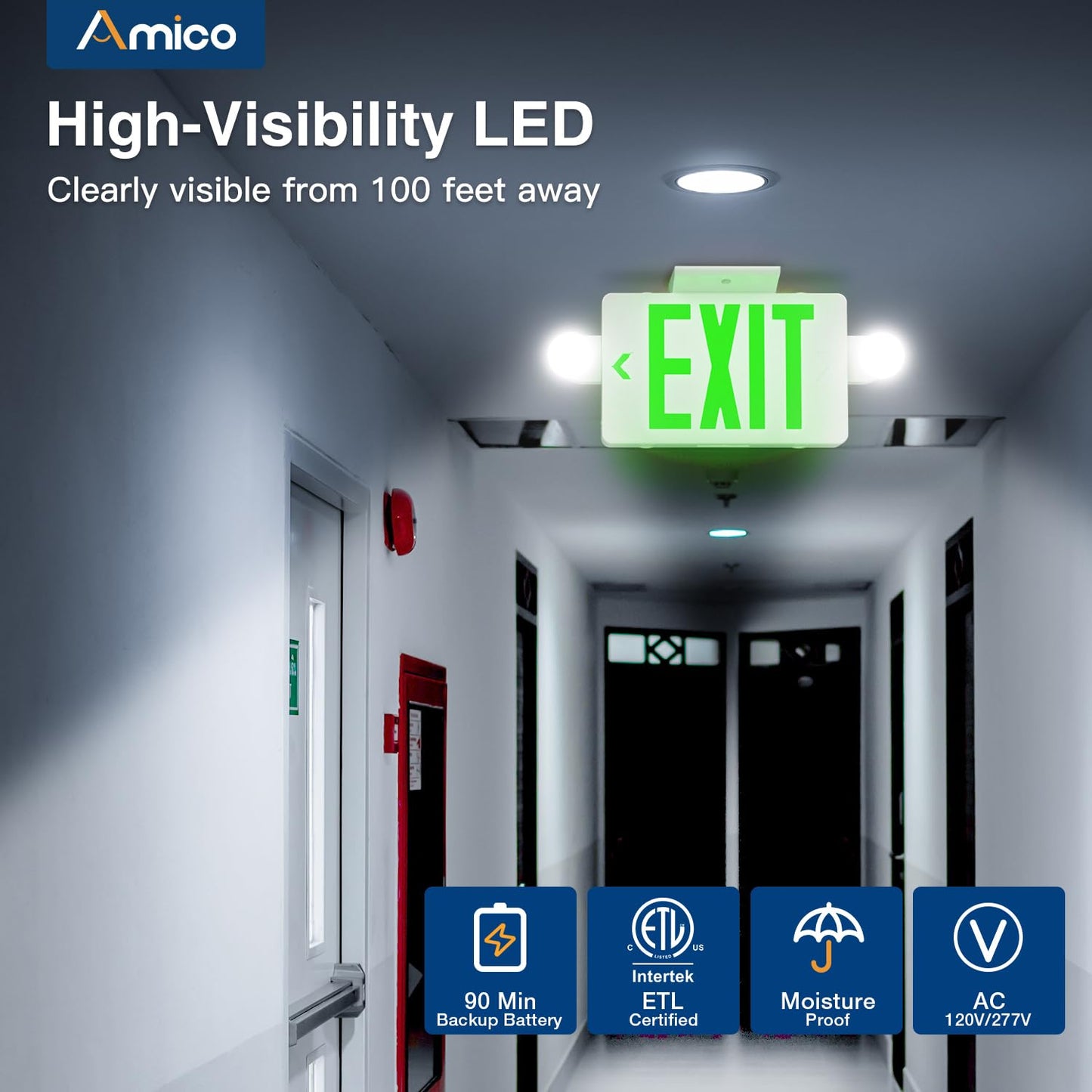 Amico 12 Pack Green Exit Signs with Emergency Lights, Commercial Grade 94V-0 Fire Resistant, Two LED Adjustable Heads, 90-Minute Battery Backup, ETL Certified 120/277V, Wall or Ceiling Mount