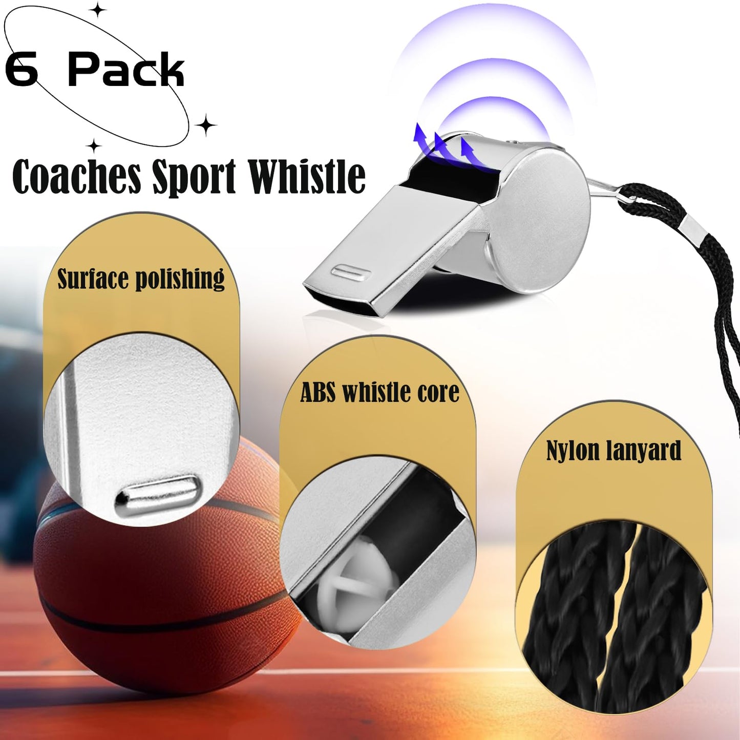 BENACES Metal Whistle, Whistles for Adults with Lanyard, 6 Pack Coaches Sport Whistle, Teacher Whistle, Referee Whistle, Suitable for Coaching/Refereeing/Athletic Training/Pet Training