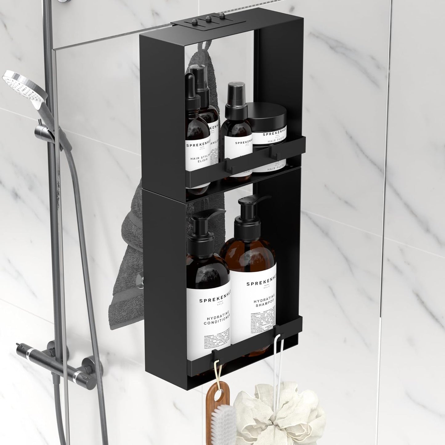 Skiennix Over The Glass Shower Caddy - 2-Tier Rustproof Stainless Steel Organizer with Hooks & Suction Cups | Black