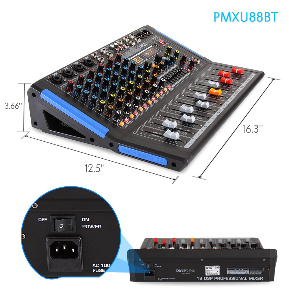 Pyle 8-Channel Console Style Audio Mixer with Bluetooth - DJ Sound Controller, 4 XLR / Combo Inputs, Sub Out, +48V Phantom, USB-A In, 16 DSP Effects, MP3 Player, 7-Band EQ - PMXU88BT