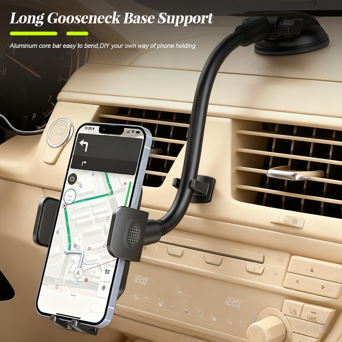 ANFTDCO Car Phone Holder Mount, Gooseneck Vehicle Dashboard Windshield Smart Phones Cradle with Strong Suction Cup