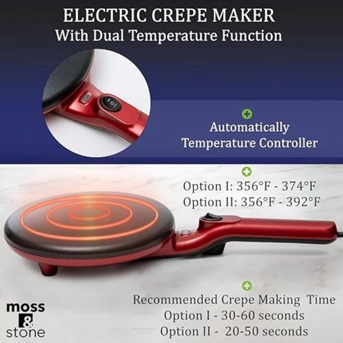 Moss & Stone Electric Crepe Maker - 8 Inch Nonstick Cooktop with Dual Temperature Settings | Easy to Use for Pancakes & Blintz