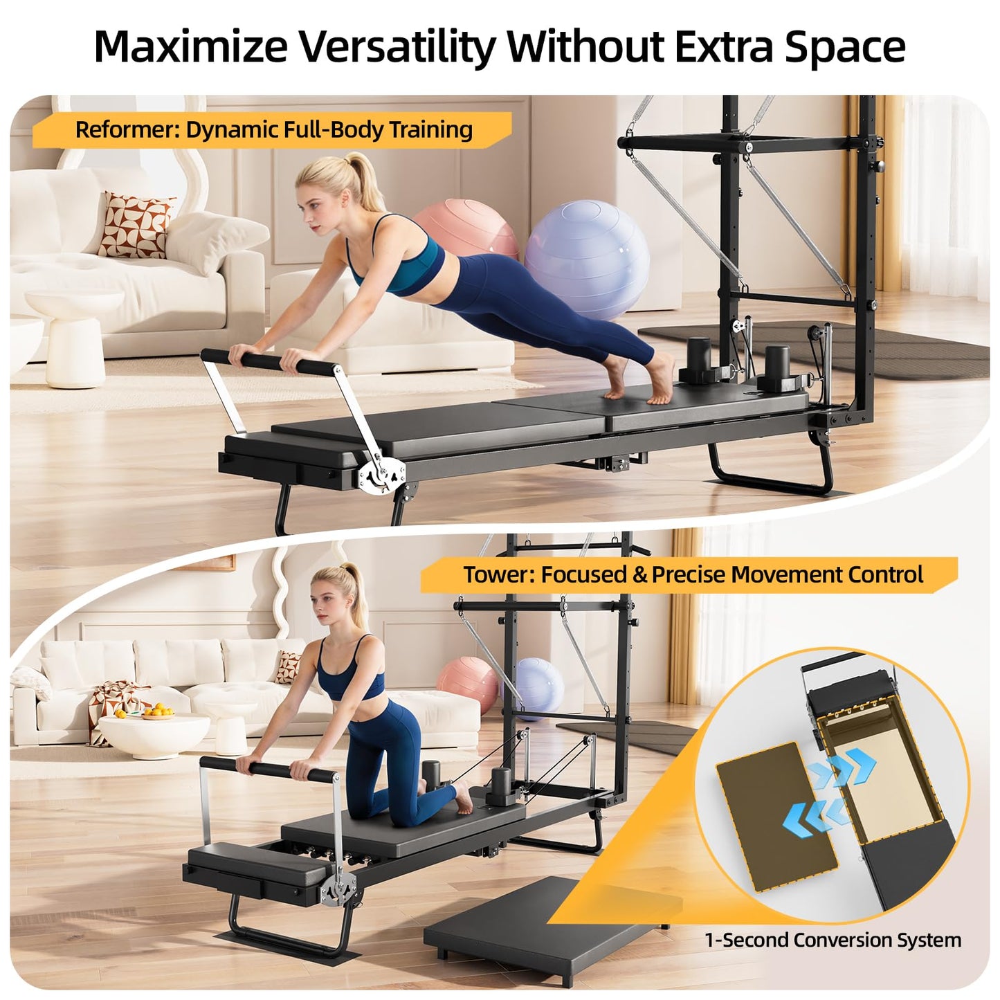 Buytime Pilates Reformer Machine with Tower, 93" Foldable Reformer Pilates Machine with Jumpboard and Wire Spings, Reformer Pilates Machine for Home Gym, Black