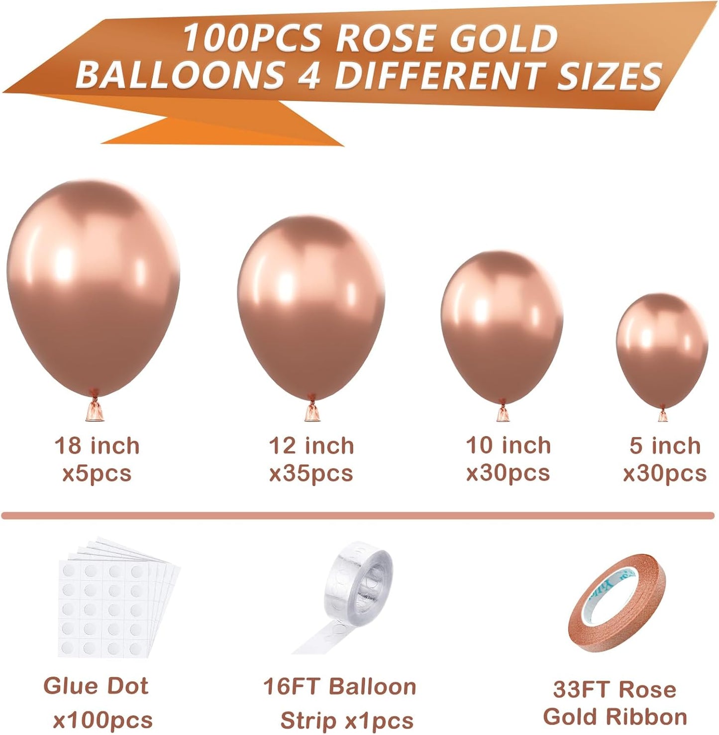 YAOWKY Rose Gold Balloons - 100PCS Latex Metallic Balloon Garland Arch Kit for Weddings & Parties | 18", 12", 10", 5" Sizes