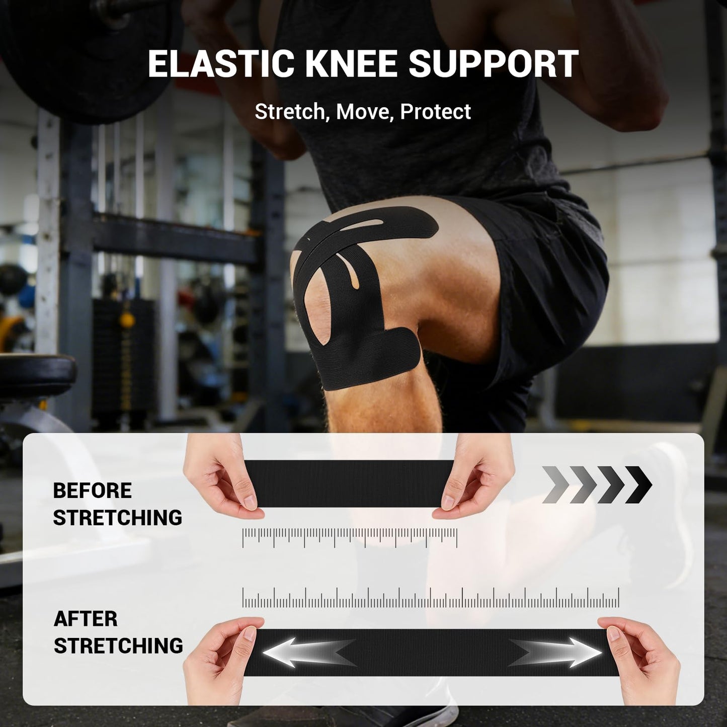 12 Pack Precut Kinesiology Tape for Knees & Shoulder, Knee Support & Stability for Sports, Waterproof & Elastic Tape for Knee Pain Relief, Breathable Hypoallergenic & Latex-Free, Black