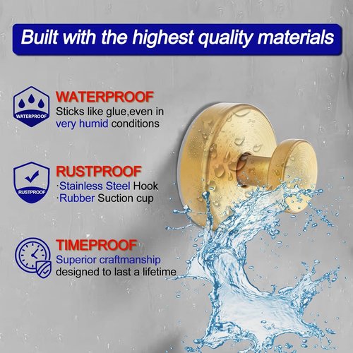 Bntuk Suction Cup Hooks - Removable Towel Hooks for Shower & Bathroom | 4 Pack, Gold Finish