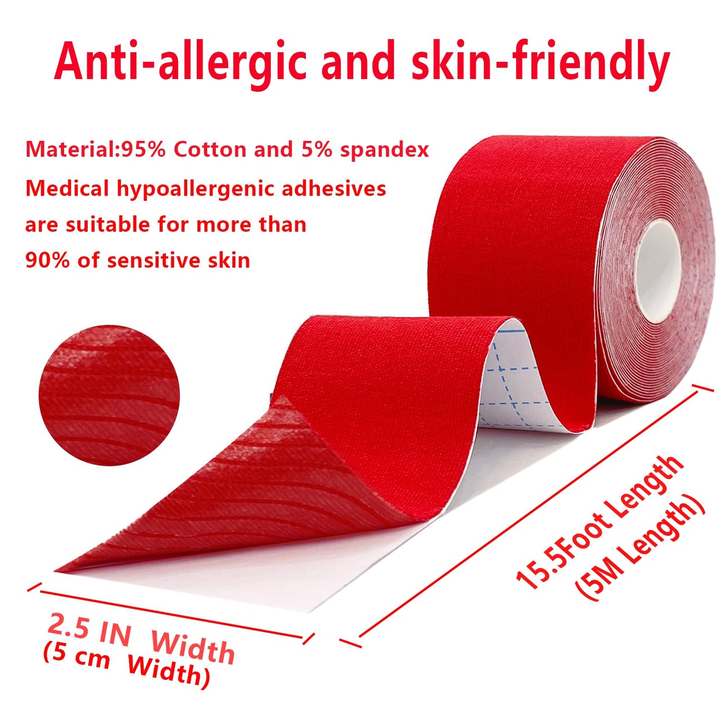 SOON GO Kinesiology Tape, 2IN x 16.4FT Uncut Athletic Tape, Waterproof Breathable Latex-Free, Muscle Recovery & Joint Support,Red (1/2/5 Rolls)