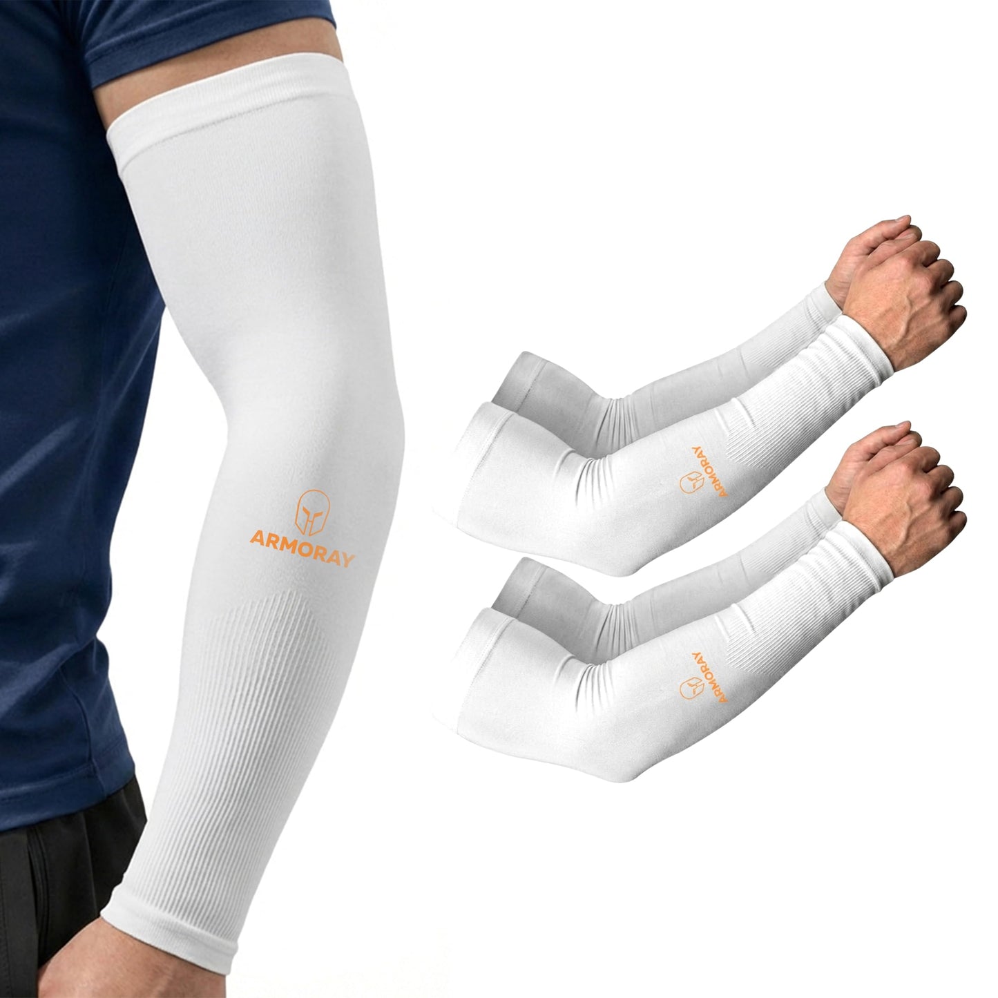 ARMORAY Arm Sleeves for Men & Women - 2 Pair UV Sun Protection Cooling Compression - Tattoo Cover Up Sleeve for Daily Wear & Work (White)